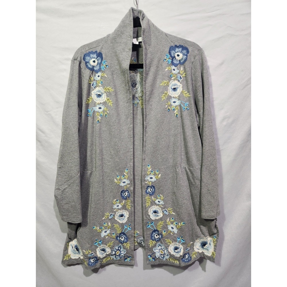 J Jill Floral Embroidered Flowy Open Front Cardigan Women Large Petite Gray Boho